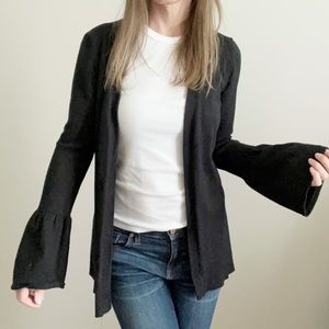 POINTELLE Bell Sleeve Ruffle Hem Open Front Black cardigan size Small